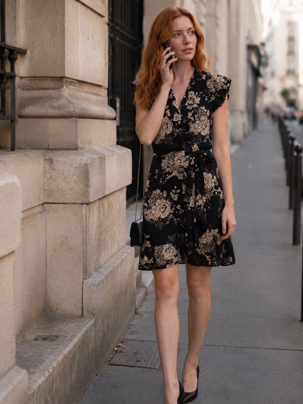 Black Floral Wrap Dress with Beige Print